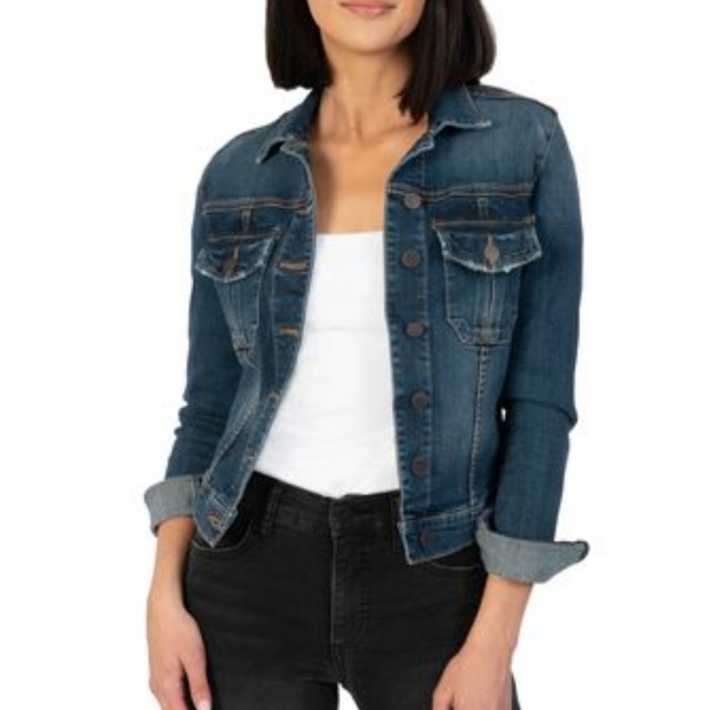 Kut from the Kloth Jean Jacket Womens XL L Blue Denim Dark Wash Cropped Trucker